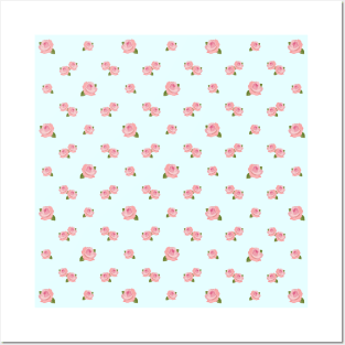 Pink Roses Pattern on Light Blue Posters and Art